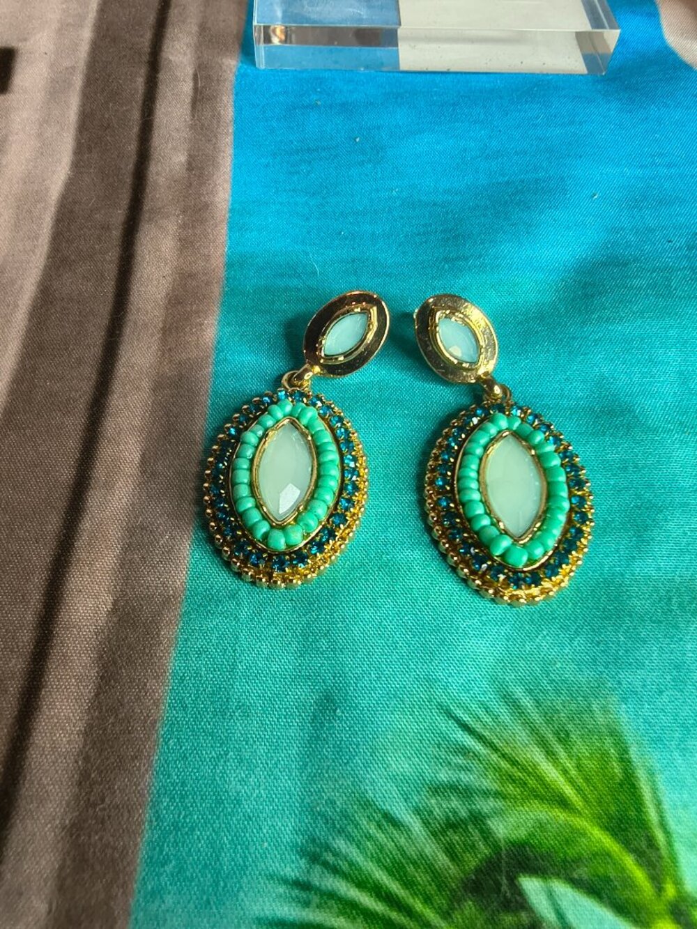 Bollywood Gold Tone Teal Blue Rhinestone Earrings